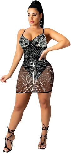 Lrady Women's Sexy Bodycon Spaghetti Strap Backless Sparkly See Through Mesh Mini Dresses for Birthday Club Party Homecoming in Saudi Arabia