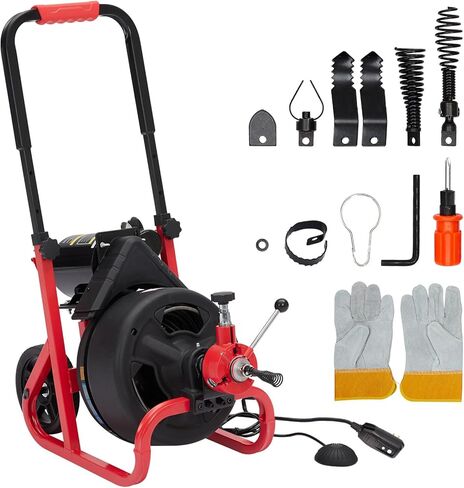 Drain Cleaner Machine, 75 Ft X 1/2 Inch Electric Drain Auger with 6 Cutters and Gloves, Commercial Drain Cleaning Machine Sewer Snake Drill Drain Auger Cleaner for 2 to 4 Inch Pipes in Kuwait