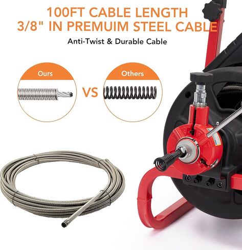 Drain Cleaner Machine, 75 Ft X 1/2 Inch Electric Drain Auger with 6 Cutters and Gloves, Commercial Drain Cleaning Machine Sewer Snake Drill Drain Auger Cleaner for 2 to 4 Inch Pipes in Kuwait
