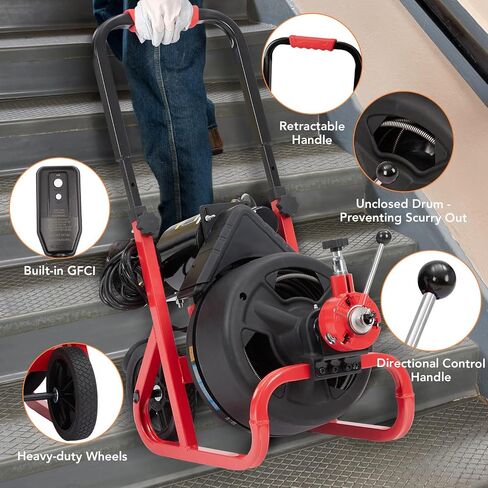 Drain Cleaner Machine, 75 Ft X 1/2 Inch Electric Drain Auger with 6 Cutters and Gloves, Commercial Drain Cleaning Machine Sewer Snake Drill Drain Auger Cleaner for 2 to 4 Inch Pipes in Kuwait