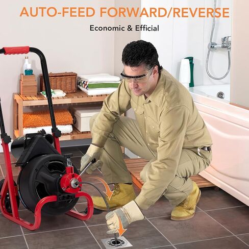 Drain Cleaner Machine, 75 Ft X 1/2 Inch Electric Drain Auger with 6 Cutters and Gloves, Commercial Drain Cleaning Machine Sewer Snake Drill Drain Auger Cleaner for 2 to 4 Inch Pipes in Kuwait