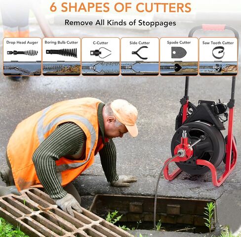 Drain Cleaner Machine, 75 Ft X 1/2 Inch Electric Drain Auger with 6 Cutters and Gloves, Commercial Drain Cleaning Machine Sewer Snake Drill Drain Auger Cleaner for 2 to 4 Inch Pipes in Kuwait