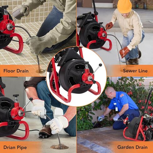 Drain Cleaner Machine, 75 Ft X 1/2 Inch Electric Drain Auger with 6 Cutters and Gloves, Commercial Drain Cleaning Machine Sewer Snake Drill Drain Auger Cleaner for 2 to 4 Inch Pipes in Kuwait