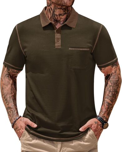 Mens Polo Shirts Casual Color Block Collar Short Sleeve Shirt with Pocket (S-XXL) in Saudi Arabia