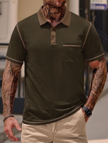 Mens Polo Shirts Casual Color Block Collar Short Sleeve Shirt with Pocket (S-XXL) in Saudi Arabia