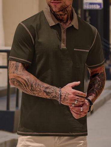 Mens Polo Shirts Casual Color Block Collar Short Sleeve Shirt with Pocket (S-XXL) in Saudi Arabia