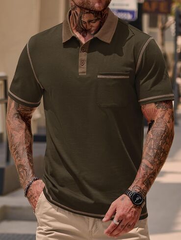 Mens Polo Shirts Casual Color Block Collar Short Sleeve Shirt with Pocket (S-XXL) in Saudi Arabia