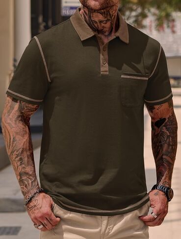Mens Polo Shirts Casual Color Block Collar Short Sleeve Shirt with Pocket (S-XXL) in Saudi Arabia