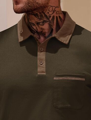 Mens Polo Shirts Casual Color Block Collar Short Sleeve Shirt with Pocket (S-XXL) in Saudi Arabia