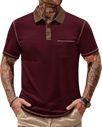 Mens Polo Shirts Casual Color Block Collar Short Sleeve Shirt with Pocket (S-XXL) in Saudi Arabia