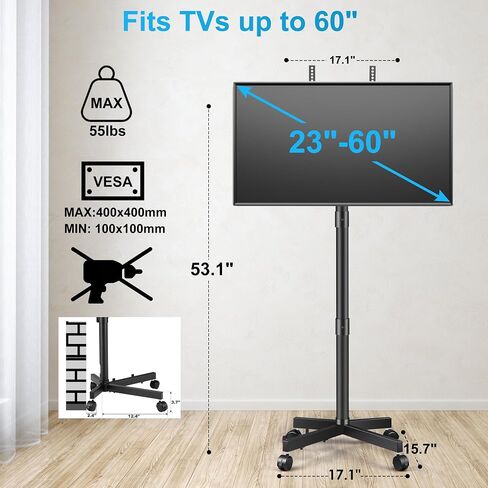 حامل تلفزيون متنقل لشاشات تلفزيون LCD منحنية مسطحة مقاس 23-60 بوصة، وعربة تلفزيون بأرضية دوارة مع رف للكمبيوتر المحمول، وحامل تلفزيون محمول قابل للتعديل بعجلات تصل إلى 55 رطلًا بحد أقصى VESA 400 × 400 مم in Kuwait