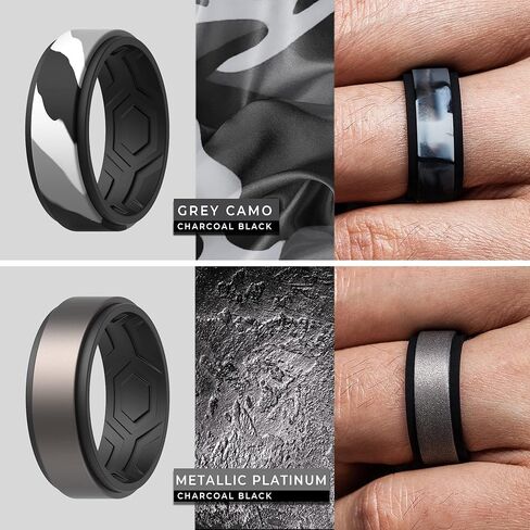 ThunderFit Silicone Wedding Rings for Men, Breathable Step Edge 2 Layers 10mm Wide 2.3mm Thick - 1/4/7 Variety Multipack in Kuwait