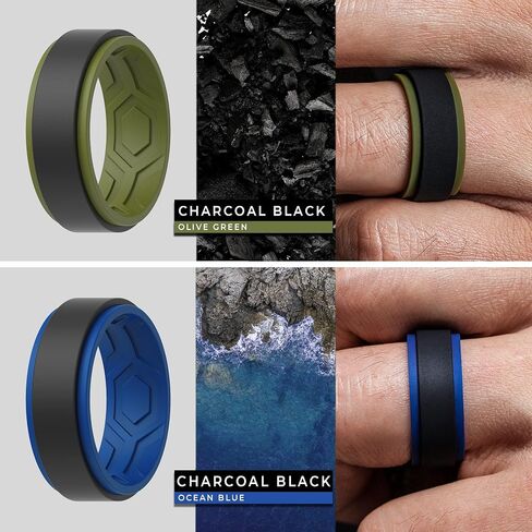 ThunderFit Silicone Wedding Rings for Men, Breathable Step Edge 2 Layers 10mm Wide 2.3mm Thick - 1/4/7 Variety Multipack in Kuwait