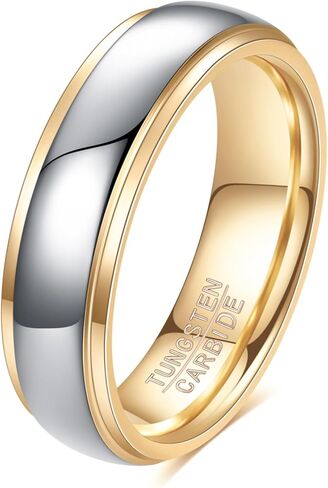 VQYSKO Tungsten Wedding Band Ring for Men Women | 6mm Gold Silver Two-Tone Step Edges Tungsten Wedding Band Ring for Men Women | High Polish Comfort Fit | Size 6-12 in Saudi Arabia