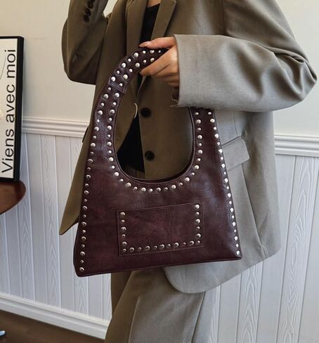 Molodo PU Leather Hobo Bag for Women Vintage Studded Tote Bag Handbag Trendy Shoulder Bag Punk Streetwear Handbag Purse in Saudi Arabia