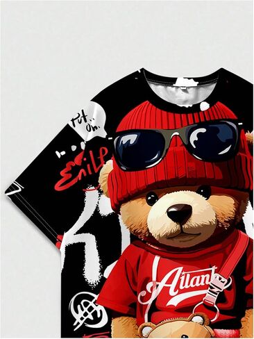 WDIRARA Boy's Bear Graphic Tees Short Sleeve Crewneck T Shirts Cartoon Summer Tops in Kuwait