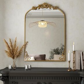 36"x 24" Arched Bathroom Mirror, Wall-Mounted Mirror with Carved Metal Frame & Bottom Art Carved, Vanity Mirror for Home Decor, Hanging Wall Mirror with Baroque Ornate Carved Accents, Vintage Gold