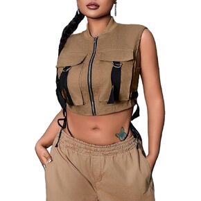 Women Crop Cargo Vest Sexy Sleeveless Zip Up Jacket Tops with Pockets