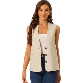 Allegra K Cotton Linen Vest for Women's Casual V Neck Button Down Sleeveless Jacket