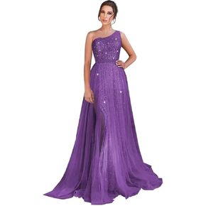One Shoulder Sequin Long Prom Dresses for Women 2024 Sparkly Tulle High Slit Formal Maxi Evening Dress with Slit