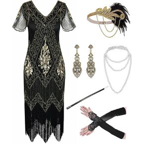 866A - Plus Size 1920s Vintage Fringed Gatsby Sequin Beaded Tassels Hem Flapper Party Prom Cocktail Dress with Accessories