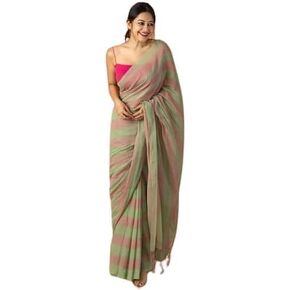 Women's Designer Striped Indian Handloom Ethnic Cotton Saree With Tassels Unstitched Blouse Piece