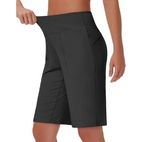 Womens' 9" Bermuda Short with Zipper Pockets High Waisted Stretch Pickleball Athletic Workout Running Casual Long Short