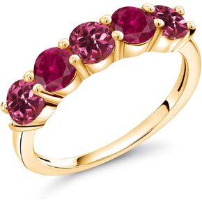 Gem Stone King 18K Yellow Gold Plated Silver Pink Tourmaline and Red Created Ruby Wedding Band Ring For Women (0.95 Cttw, Round 3.5MM, Gemstone October Birthstone, Available In Size 5, 6, 7, 8, 9)