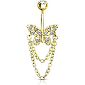 Dangle Belly Button Rings - 14G Gold Butterfly Navel Rings for Women - Stainless Steel Piercing Jewelry