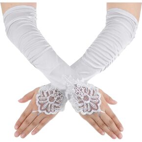 Giantree Women 20s Fingerless Satin Gloves, White Long Opera Gloves with Finger Loops, Formal Bridal Banquet Party Wedding Opera Colorful Mitten, for Women Theme Party Halloween Costume (White)