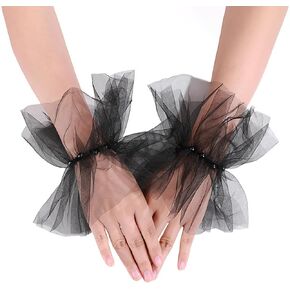 AUOCATTAIL Women Lolita Fishnet Fingerless Pearl Lace Gloves Gothic Short Black Cuffs Lace Mesh Hand Sleeve Sexy for Bridal Wedding Gloves Masquerade Party Decoration