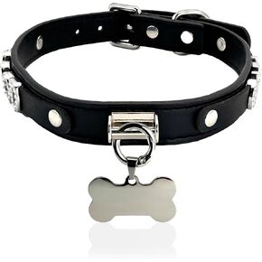 Handmade Luxury Adjustable Pu Leather Choker Leash Collar with Rhinestone Letter Charms for Women, Metal Bone-Shaped Pendant, and Detachable O-Ring, Fashionable Punk Gothic Jewerly