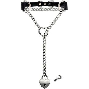 Handmade Black Choker Collar Necklace For Women, Punk Gothic Heart Slip Chain Long Necklace, Adjustable Buckle And Heart Padlock With Key