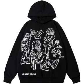 FCOOLYEET Mens Y2k Pink Hoodie Graphic Oversized Pullover Sweatshirt Cartoon Character Print Streetwear Hoodies Goth Jacket