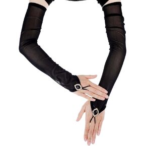 Tulle Mesh Gloves Long Black Fingerless Rhinestones Gloves Stretchy Elbow Length Sheer Gloves for Opera Wedding Bridal Party Prom Costume Tea Party Halloween Costume