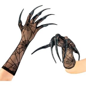 Xiao Cheng Ming Zhu Long Finger Claw Gloves. Black Cat nail rings, scary vampire demon crow Halloween Cosplay costume accessories for women costume (spider web gloves & 10pcs claws)