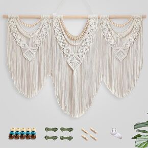 Large Macrame Wall Hanging – Boho Handmade Tapestry 43" x 32" with Wooden Beads & Rod for Living Room, Bedroom, Wedding & Apartment Decor (Includes 3-Color Beads, Clips & Green Cotton Rope for DIY)