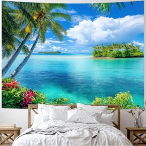 Leofanger Ocean Beach Tapestry Blue Sea Tapestry Tropic Ocean Island Paradise Wall Tapestries Coconut Tree Palm Seaside Tapestries Wall Hanging for Home Decor(59.1"x78.7")
