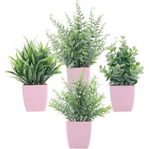 summer flower Set of 4 Fake Plants in Pot Small Artificial Eucalyptus Potted Plant Mini Wheat Grass Ferns Faux Greenery for Home Indoor Office Table Bathroom Farmhouse Decorations Blue