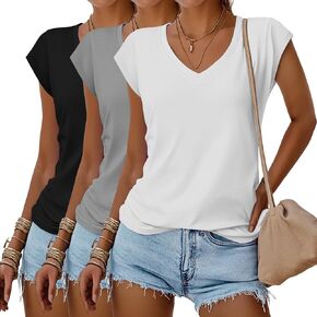 Huukeay 3 Pack Women’s V Neck T Shirts, Cap Sleeve Summer Casual Tops Loose Fit Short Sleeve Tees 2025 Trendy Shirts