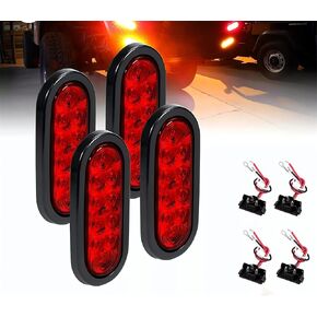 KOMAS 4pcs Trailer Truck LED Sealed RED 6" Oval Stop/Turn/Tail Lights Flush Mount Waterproof Including 3-pin watertight plug with wires and Grommets Sealed