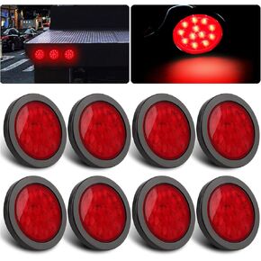 8Pcs 4 Inch Round LED Trailer Tail Lights Red, 4" Round Led Stop Turn Tail Lights Brake Trailer Lights 12LED for RV Trucks, Rubber Grommets and 3 Prong Wire Pigtails Included