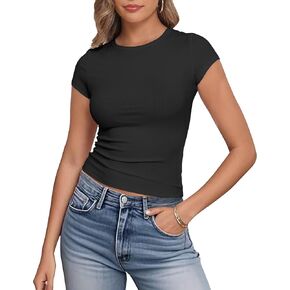 Artfish Women's Short Sleeve Shirts Crewneck Cropped Workout Slim Fitted Ribbed Casual Basic T-Shirts