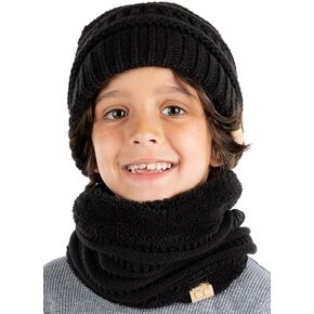 Funky Junque Matching 2 Pack: Kids Beanie & Lined Neck Scarf - Black