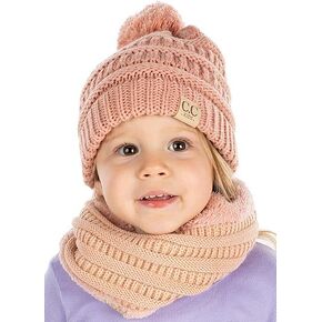 Funky Junque Matching 2 Pack Kids Pom Beanie & Neck Warmer Bundle: Indi Pink