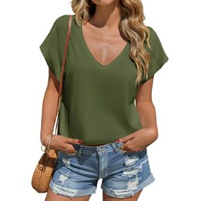 Tankaneo Womens اقتصاص Deep V Devic T Shirts Summer Summer Short Short Cap Tops Lourd