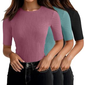 RIYIPER 3 PACK TOPS نصف الأكمام للسيدات ، بطول الكوع القطن مضلع T Shirt Crew Neck Tee Slim Fit Blouses