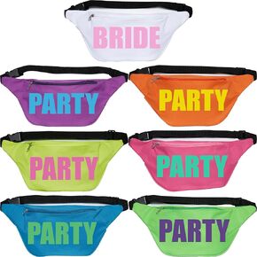 Funky Junque Bride & Squad Neon Fanny Pack Set | Waterproof Belt Bags for Bachelorette Party, Final Fiesta, 90s Theme, or Last Rodeo - 7 Pack - Bride & Party