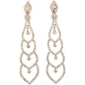 Bridal Wedding Bridesmaids Prom Rhinestone Layer Hearts Chandelier Long Dangle Drop Clip-on Earrings