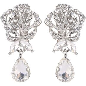 EVER FAITH Women's Austrian Crystal Bridal Romantic Rose Flower Wedding Dangle Clip-on Earrings for Bride, Woman